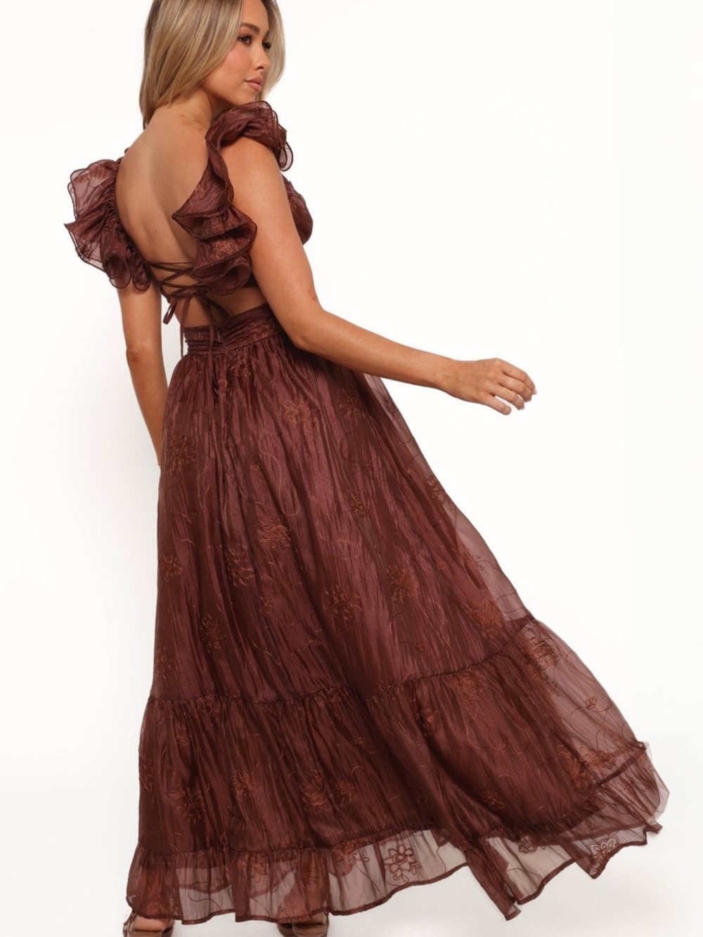 Petal & Pup Harmony Maxi Brown Dress Floral Embroidered Lace Back Size Medium - Picture 2 of 10